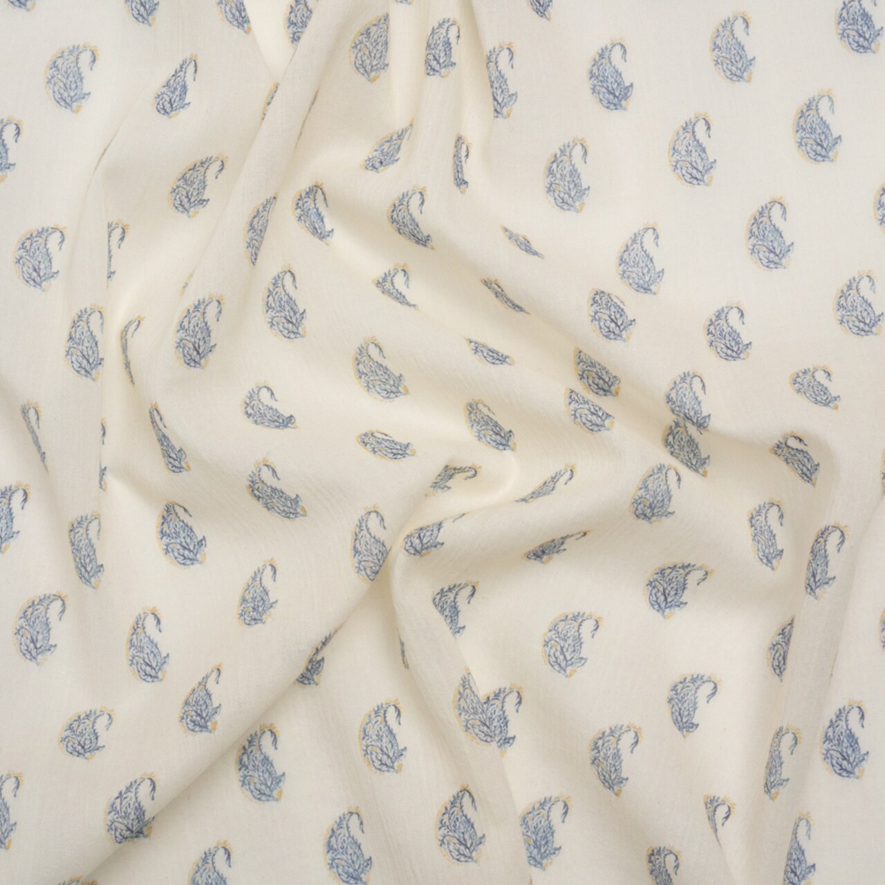 1 Yard Cream Blue Paisley Crinkled Cotton Gauzy Woven Lightweight Fabric For Apparel